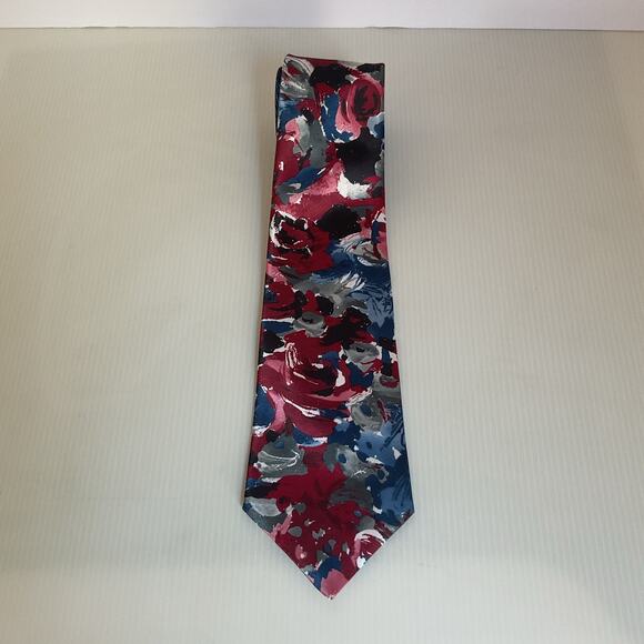 Retro Towncraft Vintage Tie Floral Abstract Red Blue Made in USA 1990 Polyester - Picture 1 of 9